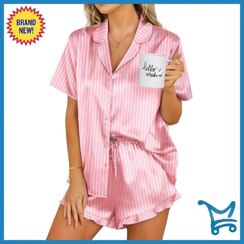 Satin Pajama Set Short Sleeve Button Down Sleepwear Lounge Wear
